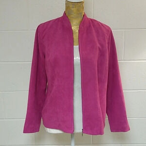 STUDIO WORKS PINK FAUX SUEDE JACKET ZIP FRONT MANDARIN COLLAR, LINED & WASHABLE